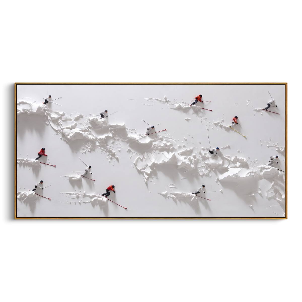 "Valley Skiers With Pine Shadows" - Modern Heavy Impasto Landscape Artwork | White & Beige Palette Knife Painting | Luxury Horizontal Wall Art #PT 2482