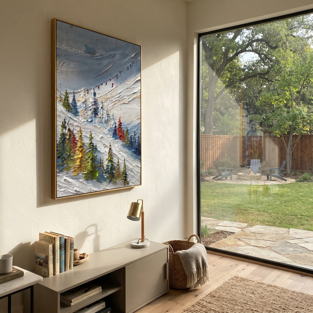 Highland Pine Slope With Pine Shadows focuses on layered snow ridges, visible ski marks, and a quiet pine border. The artwork shows a winter ski scene built from the actual image: visible downhill figures, curved snow tracks, raised ridgelines, and alpine space arranged in a tall composition. The blue, white, orange palette gives the piece a cold mountain atmosphere while the thick impasto surface creates shadows along each snowbank, ski line, and textured ridge. This is presented as