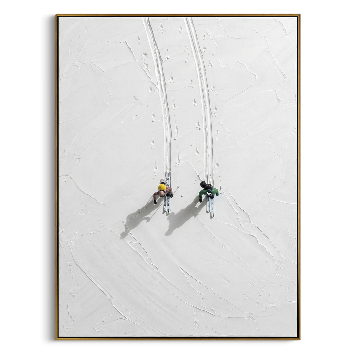 Misty Alpine Descent focuses on a forest-framed ski descent with clustered pines and winding carved tracks. The artwork shows a winter ski scene built from the actual image: visible downhill figures, curved snow tracks, raised ridgelines, and alpine space arranged in a tall composition. The white, blue, gray palette gives the piece a cold mountain atmosphere while the thick impasto surface creates shadows along each snowbank, ski line, and textured ridge. This is presented as hand-painted