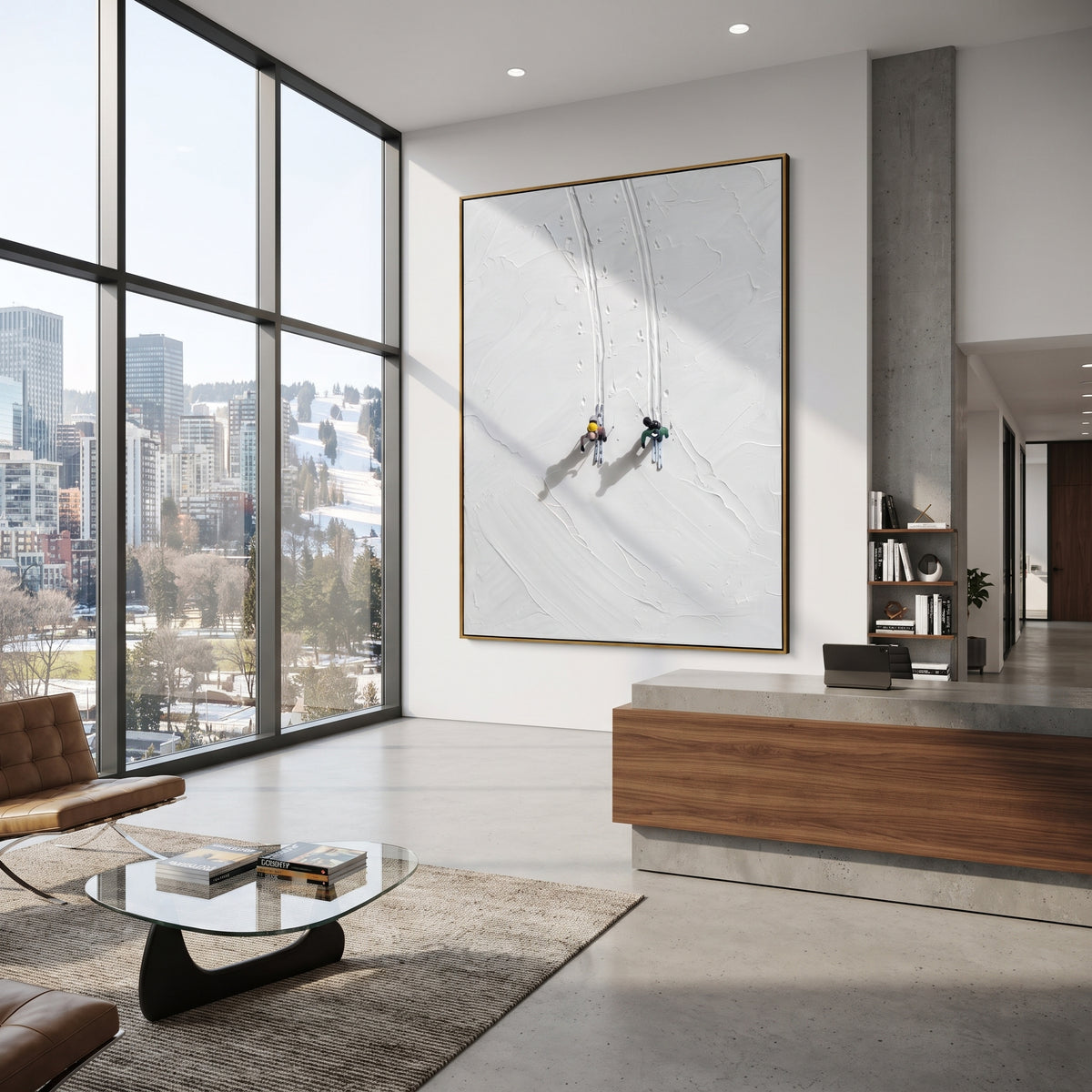 Misty Alpine Descent focuses on a forest-framed ski descent with clustered pines and winding carved tracks. The artwork shows a winter ski scene built from the actual image: visible downhill figures, curved snow tracks, raised ridgelines, and alpine space arranged in a tall composition. The white, blue, gray palette gives the piece a cold mountain atmosphere while the thick impasto surface creates shadows along each snowbank, ski line, and textured ridge. This is presented as hand-painted
