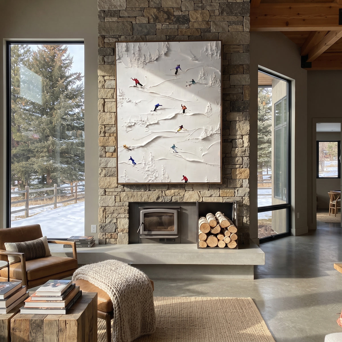 Crisp Snow Corridors focuses on a busy resort slope with many tiny figures following separate downhill lines. The artwork shows a winter ski scene built from the actual image: visible downhill figures, curved snow tracks, raised ridgelines, and alpine space arranged in a tall composition. The white, blue, gray palette gives the piece a cold mountain atmosphere while the thick impasto surface creates shadows along each snowbank, ski line, and textured ridge. This is presented as hand-painted