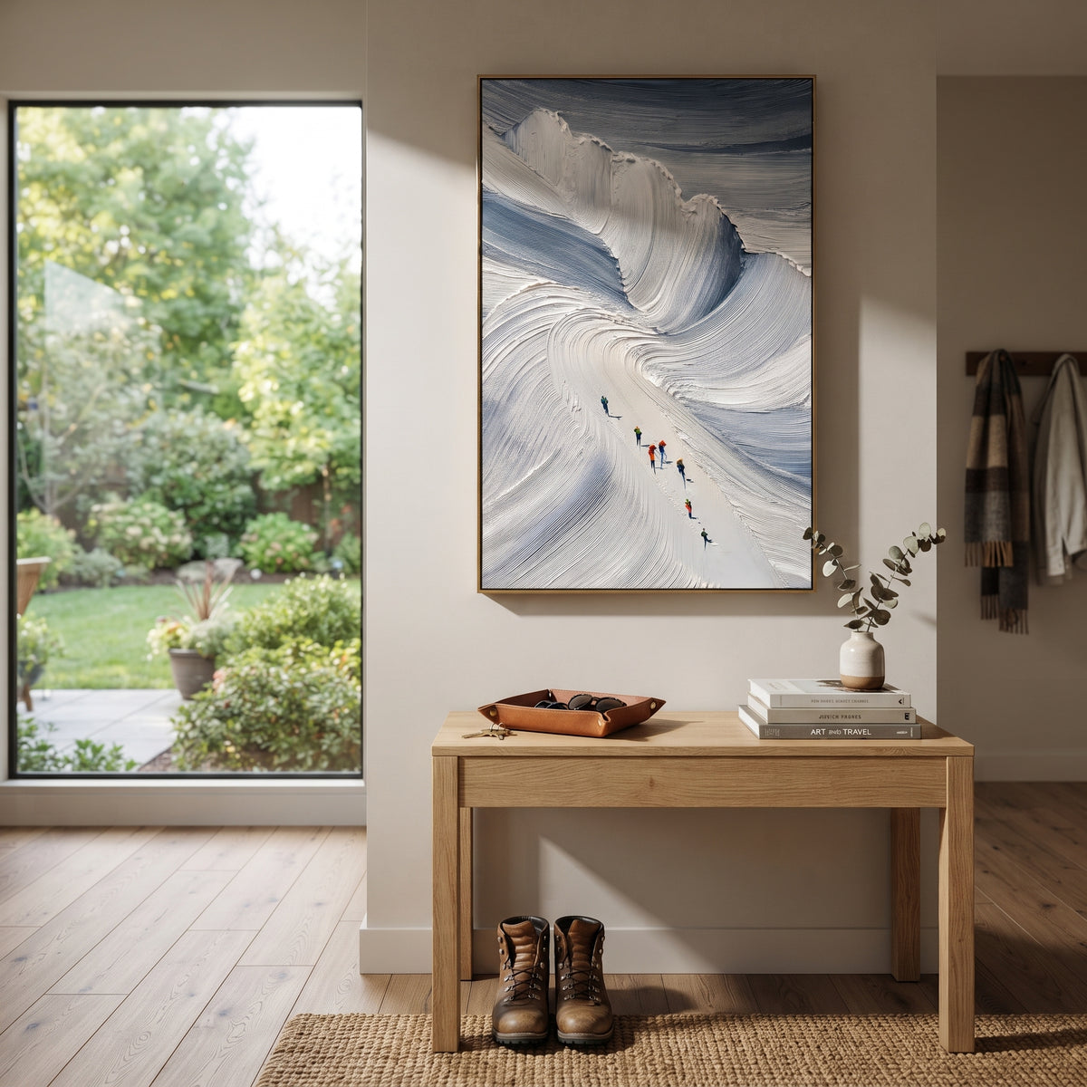 Blue Bowl Ski Descent focuses on small skiers moving below a deep blue bowl of thick sweeping snow texture. The artwork shows a winter ski scene built from the actual image: visible downhill figures, curved snow tracks, raised ridgelines, and alpine space arranged in a tall composition. The blue, white, gray palette gives the piece a cold mountain atmosphere while the thick impasto surface creates shadows along each snowbank, ski line, and textured ridge. This is presented as hand-painted