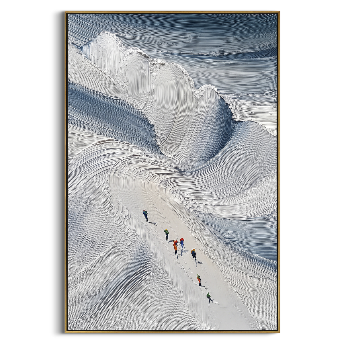 Blue Bowl Ski Descent focuses on small skiers moving below a deep blue bowl of thick sweeping snow texture. The artwork shows a winter ski scene built from the actual image: visible downhill figures, curved snow tracks, raised ridgelines, and alpine space arranged in a tall composition. The blue, white, gray palette gives the piece a cold mountain atmosphere while the thick impasto surface creates shadows along each snowbank, ski line, and textured ridge. This is presented as hand-painted