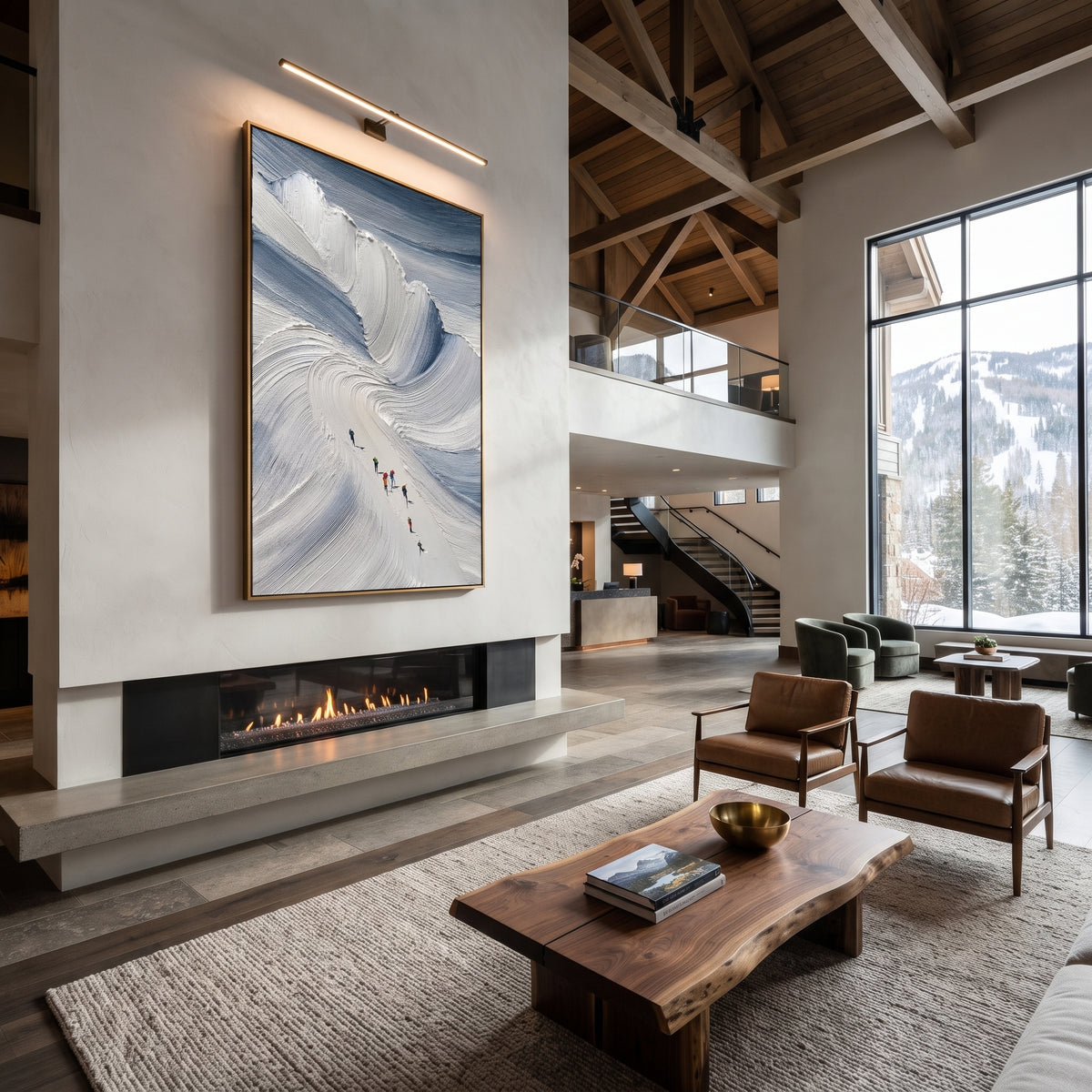 Blue Bowl Ski Descent focuses on small skiers moving below a deep blue bowl of thick sweeping snow texture. The artwork shows a winter ski scene built from the actual image: visible downhill figures, curved snow tracks, raised ridgelines, and alpine space arranged in a tall composition. The blue, white, gray palette gives the piece a cold mountain atmosphere while the thick impasto surface creates shadows along each snowbank, ski line, and textured ridge. This is presented as hand-painted