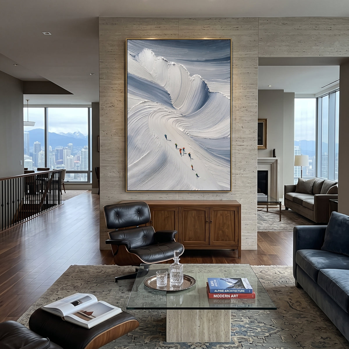 Blue Bowl Ski Descent focuses on small skiers moving below a deep blue bowl of thick sweeping snow texture. The artwork shows a winter ski scene built from the actual image: visible downhill figures, curved snow tracks, raised ridgelines, and alpine space arranged in a tall composition. The blue, white, gray palette gives the piece a cold mountain atmosphere while the thick impasto surface creates shadows along each snowbank, ski line, and textured ridge. This is presented as hand-painted