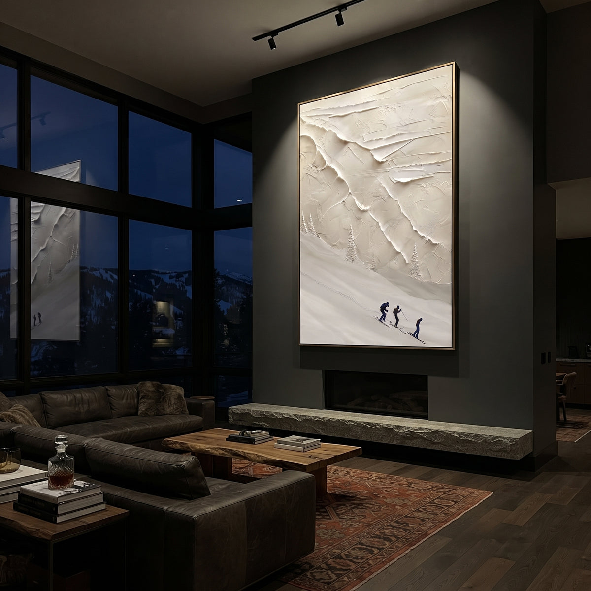 Peak Snow Basin With Pine Shadows focuses on layered snow ridges, visible ski marks, and a quiet pine border. The artwork shows a winter ski scene built from the actual image: visible downhill figures, curved snow tracks, raised ridgelines, and alpine space arranged in a tall composition. The white, black, gray palette gives the piece a cold mountain atmosphere while the thick impasto surface creates shadows along each snowbank, ski line, and textured ridge. This is presented as hand-painted