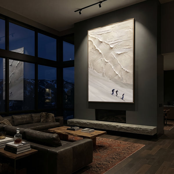 "Peak Snow Basin With Pine Shadows" - Modern Heavy Impasto Landscape Artwork | White & Black Palette Knife Painting | Luxury Vertical Wall Art #PT 2487