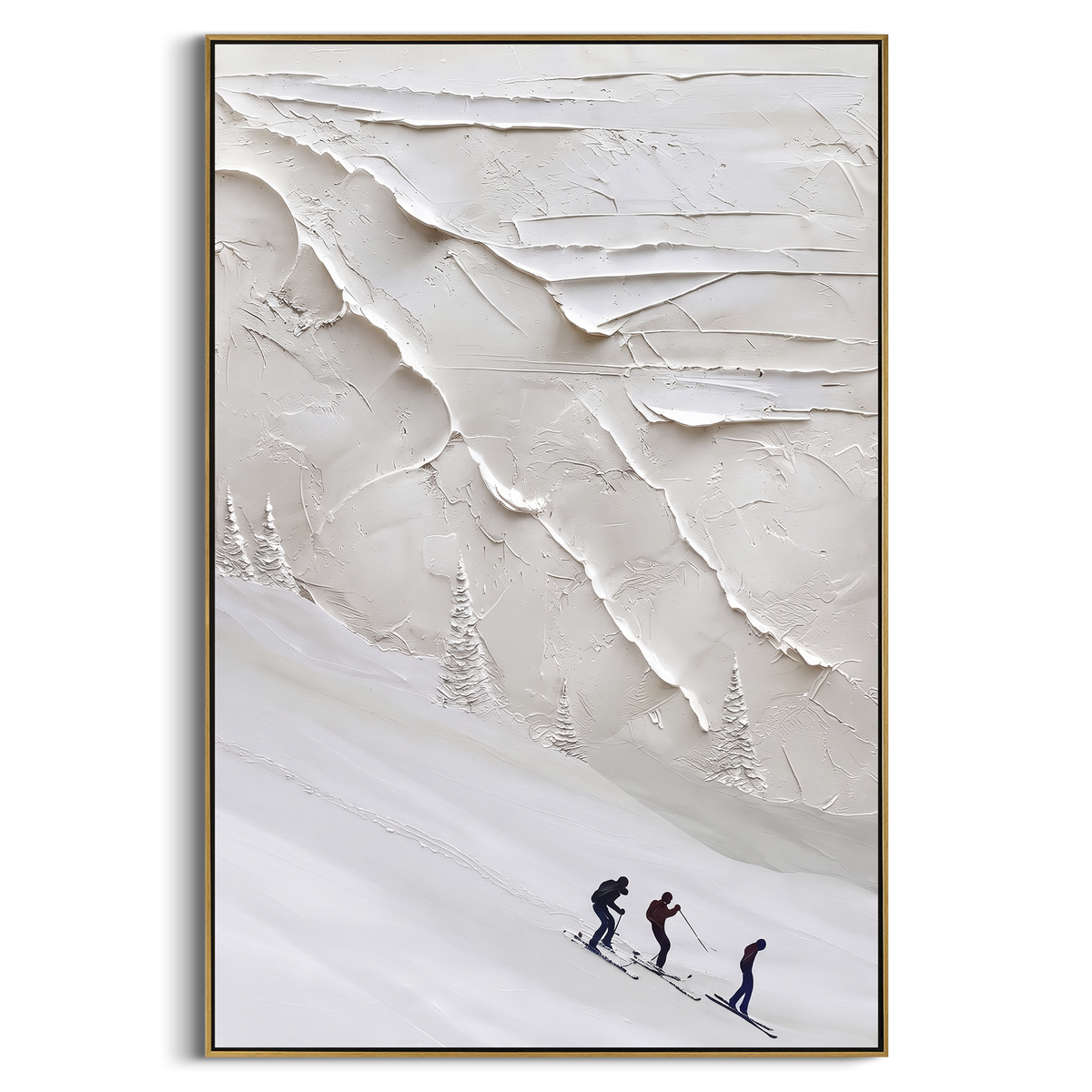 Peak Snow Basin With Pine Shadows focuses on layered snow ridges, visible ski marks, and a quiet pine border. The artwork shows a winter ski scene built from the actual image: visible downhill figures, curved snow tracks, raised ridgelines, and alpine space arranged in a tall composition. The white, black, gray palette gives the piece a cold mountain atmosphere while the thick impasto surface creates shadows along each snowbank, ski line, and textured ridge. This is presented as hand-painted
