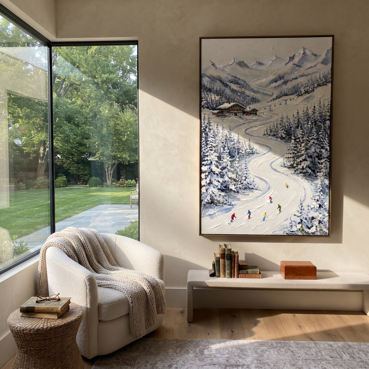 Snow Road Chalet Valley focuses on a winding snow road through a chalet valley with distant peaks and tiny skiers. The artwork shows a winter ski scene built from the actual image: visible downhill figures, curved snow tracks, raised ridgelines, and alpine space arranged in a tall composition. The blue, white, beige palette gives the piece a cold mountain atmosphere while the thick impasto surface creates shadows along each snowbank, ski line, and textured ridge. This is presented as