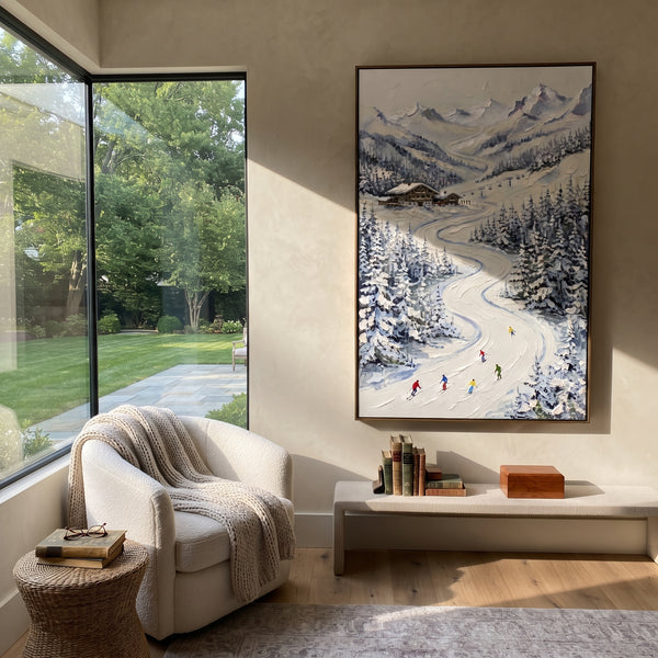 "Snow Road Chalet Valley" - Modern Heavy Impasto Landscape Artwork | Blue & White Palette Knife Painting | Luxury Vertical Wall Art #PT 2488