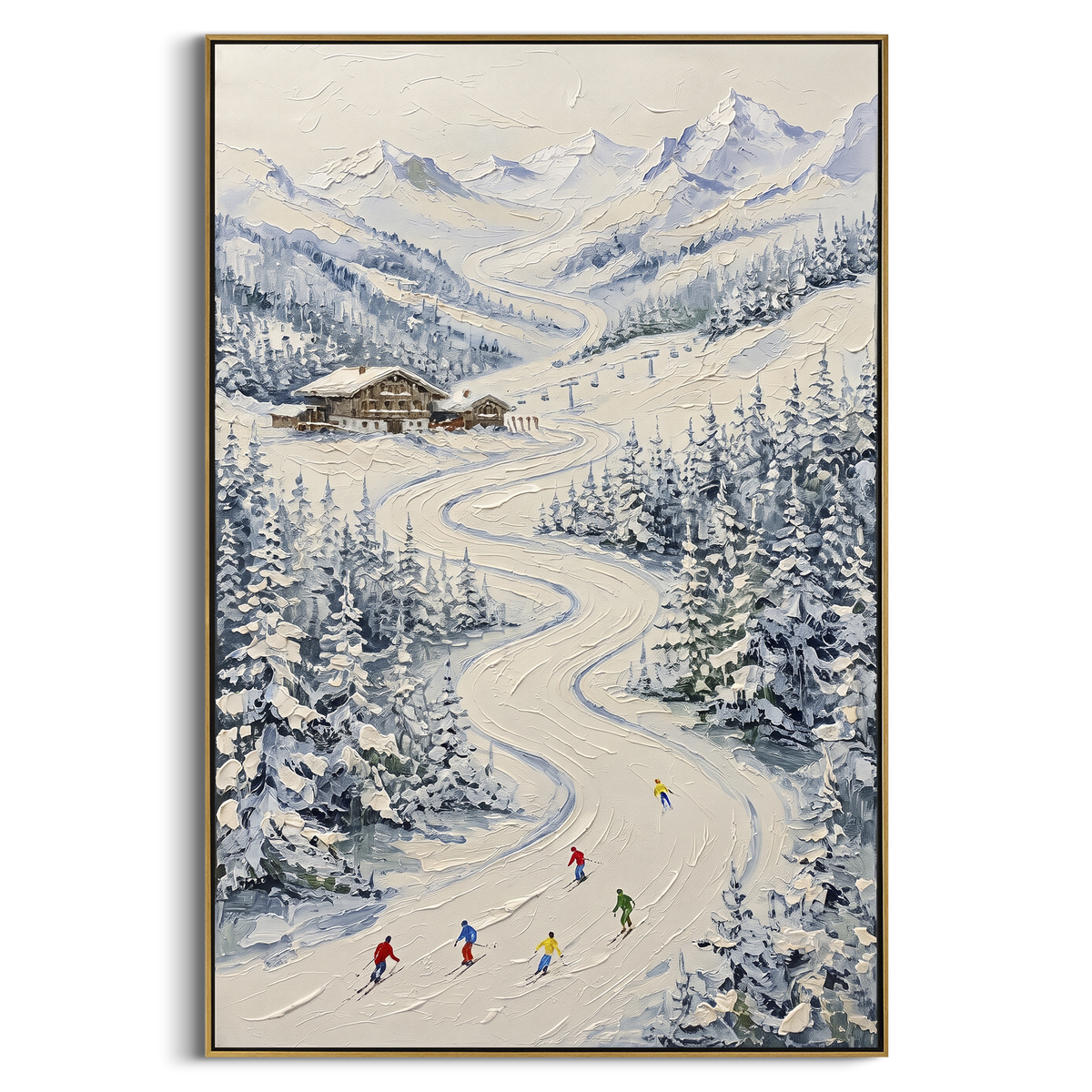 Snow Road Chalet Valley focuses on a winding snow road through a chalet valley with distant peaks and tiny skiers. The artwork shows a winter ski scene built from the actual image: visible downhill figures, curved snow tracks, raised ridgelines, and alpine space arranged in a tall composition. The blue, white, beige palette gives the piece a cold mountain atmosphere while the thick impasto surface creates shadows along each snowbank, ski line, and textured ridge. This is presented as