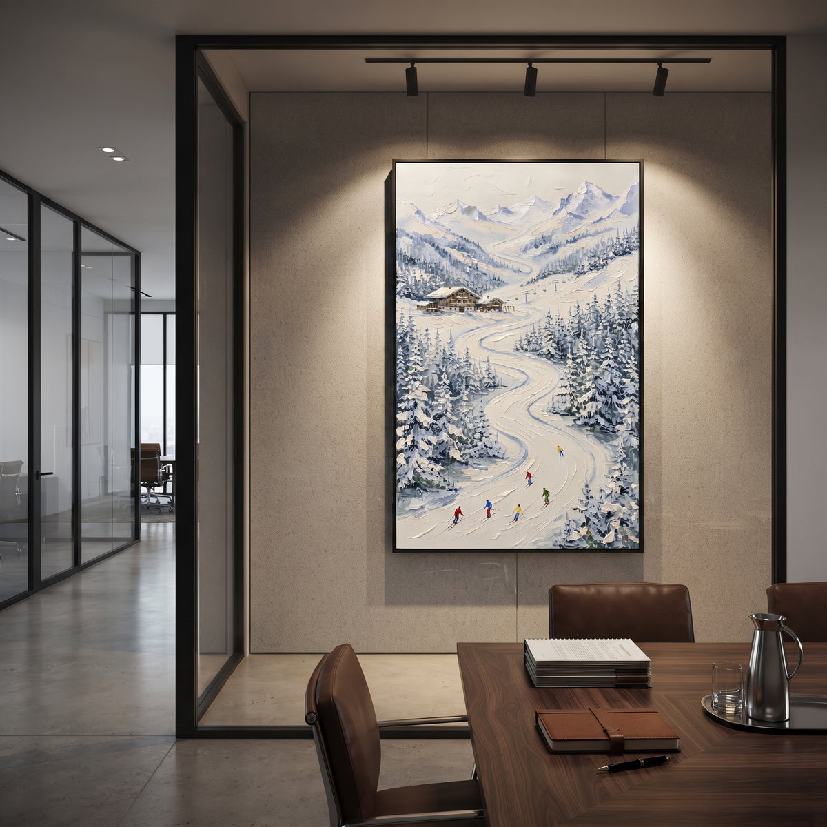 Snow Road Chalet Valley focuses on a winding snow road through a chalet valley with distant peaks and tiny skiers. The artwork shows a winter ski scene built from the actual image: visible downhill figures, curved snow tracks, raised ridgelines, and alpine space arranged in a tall composition. The blue, white, beige palette gives the piece a cold mountain atmosphere while the thick impasto surface creates shadows along each snowbank, ski line, and textured ridge. This is presented as