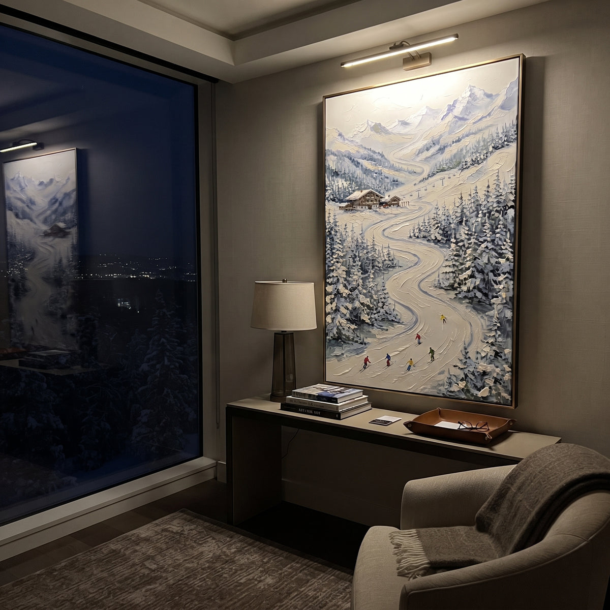 Snow Road Chalet Valley focuses on a winding snow road through a chalet valley with distant peaks and tiny skiers. The artwork shows a winter ski scene built from the actual image: visible downhill figures, curved snow tracks, raised ridgelines, and alpine space arranged in a tall composition. The blue, white, beige palette gives the piece a cold mountain atmosphere while the thick impasto surface creates shadows along each snowbank, ski line, and textured ridge. This is presented as