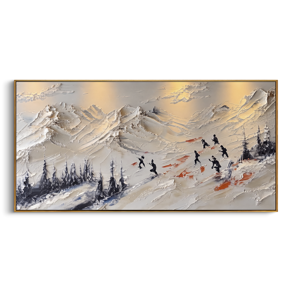 Golden Peak Skiers focuses on small skiers crossing orange and white mountain peaks under a warm sky. The artwork shows a winter ski scene built from the actual image: visible downhill figures, curved snow tracks, raised ridgelines, and alpine space arranged in a wide composition. The orange, white, blue palette gives the piece a cold mountain atmosphere while the thick impasto surface creates shadows along each snowbank, ski line, and textured ridge. This is presented as hand-painted textured