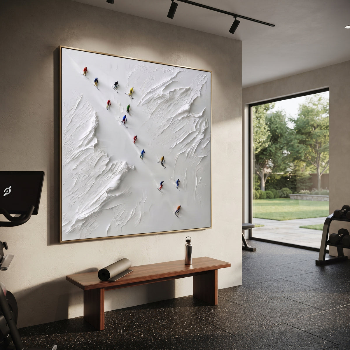 Downhill Slalom Field With Pine Shadows focuses on colored skiers crossing raised white snow tracks between dark pine edges. The artwork shows a winter ski scene built from the actual image: visible downhill figures, curved snow tracks, raised ridgelines, and alpine space arranged in a balanced composition. The white, blue, gray palette gives the piece a cold mountain atmosphere while the thick impasto surface creates shadows along each snowbank, ski line, and textured ridge. This is presented