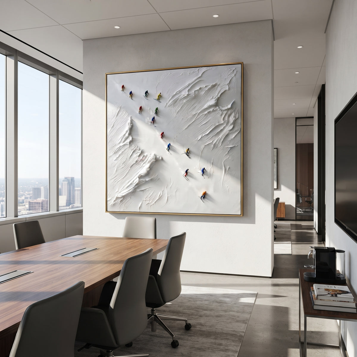 Downhill Slalom Field With Pine Shadows focuses on colored skiers crossing raised white snow tracks between dark pine edges. The artwork shows a winter ski scene built from the actual image: visible downhill figures, curved snow tracks, raised ridgelines, and alpine space arranged in a balanced composition. The white, blue, gray palette gives the piece a cold mountain atmosphere while the thick impasto surface creates shadows along each snowbank, ski line, and textured ridge. This is presented