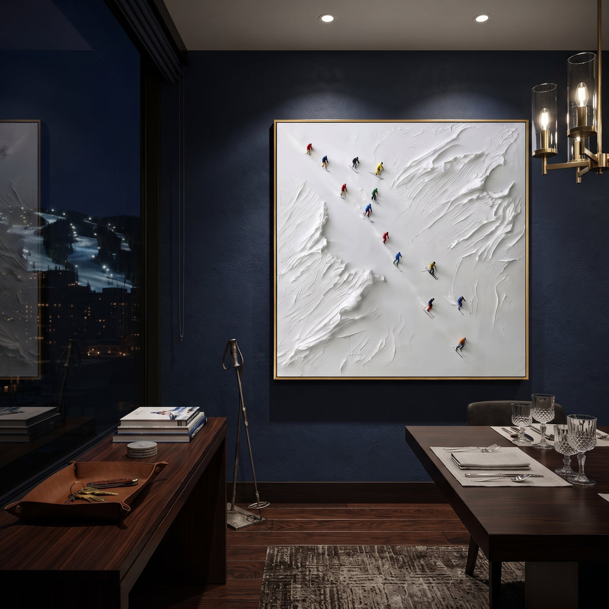 Downhill Slalom Field With Pine Shadows focuses on colored skiers crossing raised white snow tracks between dark pine edges. The artwork shows a winter ski scene built from the actual image: visible downhill figures, curved snow tracks, raised ridgelines, and alpine space arranged in a balanced composition. The white, blue, gray palette gives the piece a cold mountain atmosphere while the thick impasto surface creates shadows along each snowbank, ski line, and textured ridge. This is presented