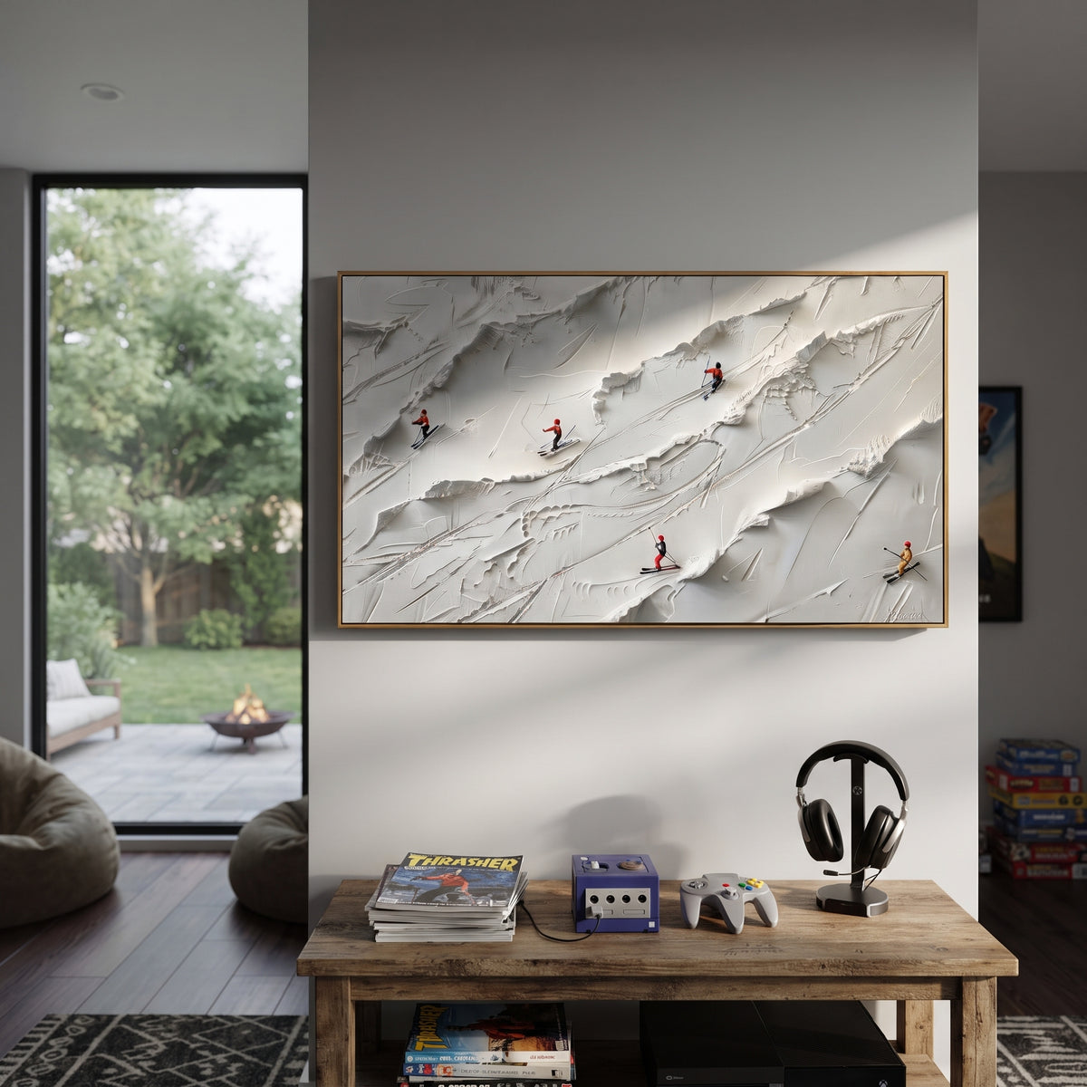 Fresh Ski Traverse With Pine Shadows focuses on layered snow ridges, visible ski marks, and a quiet pine border. The artwork shows a winter ski scene built from the actual image: visible downhill figures, curved snow tracks, raised ridgelines, and alpine space arranged in a wide composition. The white, gray, blue palette gives the piece a cold mountain atmosphere while the thick impasto surface creates shadows along each snowbank, ski line, and textured ridge. This is presented as hand-painted
