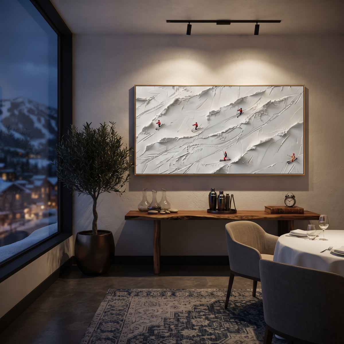 Fresh Ski Traverse With Pine Shadows focuses on layered snow ridges, visible ski marks, and a quiet pine border. The artwork shows a winter ski scene built from the actual image: visible downhill figures, curved snow tracks, raised ridgelines, and alpine space arranged in a wide composition. The white, gray, blue palette gives the piece a cold mountain atmosphere while the thick impasto surface creates shadows along each snowbank, ski line, and textured ridge. This is presented as hand-painted