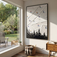 Ice Ski Tracks focuses on a forest-framed ski descent with clustered pines and winding carved tracks. The artwork shows a winter ski scene built from the actual image: visible downhill figures, curved snow tracks, raised ridgelines, and alpine space arranged in a tall composition. The white, green, blue palette gives the piece a cold mountain atmosphere while the thick impasto surface creates shadows along each snowbank, ski line, and textured ridge. This is presented as hand-painted textured