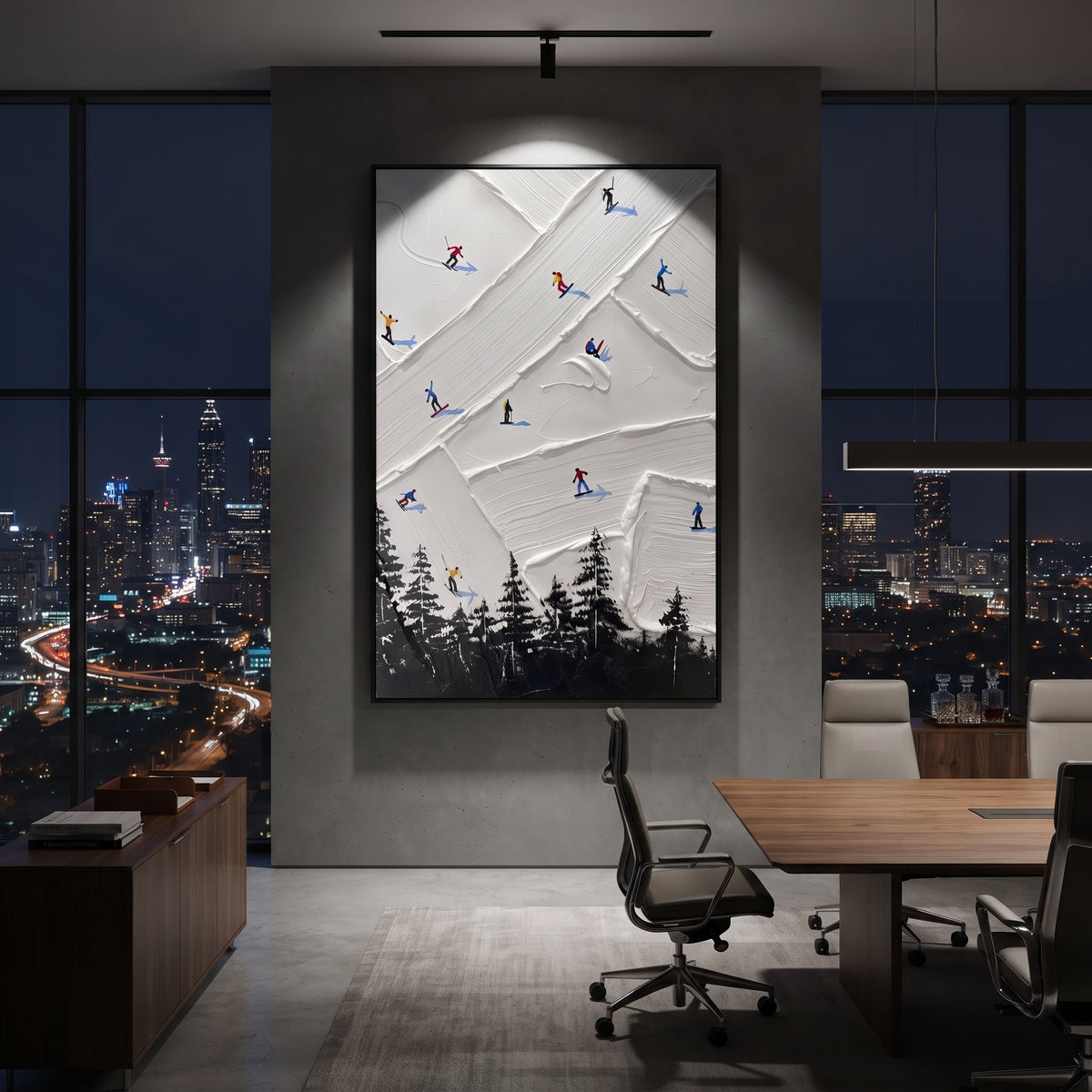 Ice Ski Tracks focuses on a forest-framed ski descent with clustered pines and winding carved tracks. The artwork shows a winter ski scene built from the actual image: visible downhill figures, curved snow tracks, raised ridgelines, and alpine space arranged in a tall composition. The white, green, blue palette gives the piece a cold mountain atmosphere while the thick impasto surface creates shadows along each snowbank, ski line, and textured ridge. This is presented as hand-painted textured