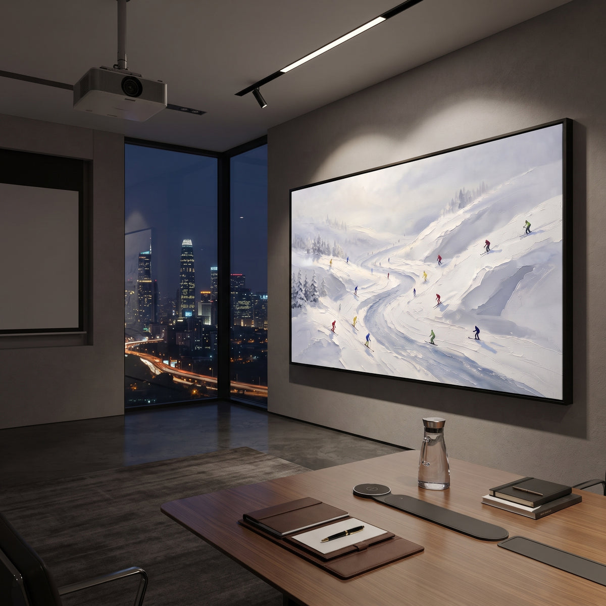 Resort Mountain Run With Pine Shadows focuses on a calm mountain basin with crisp tracks, snow shelves, and small skiers. The artwork shows a winter ski scene built from the actual image: visible downhill figures, curved snow tracks, raised ridgelines, and alpine space arranged in a wide composition. The white, black, gray palette gives the piece a cold mountain atmosphere while the thick impasto surface creates shadows along each snowbank, ski line, and textured ridge. This is presented as