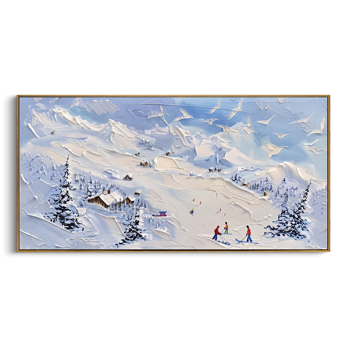 Blue Cliff Ski Lodge focuses on tiny skiers and a small lodge set beneath a raised blue cliff and snowy pines. The artwork shows a winter ski scene built from the actual image: visible downhill figures, curved snow tracks, raised ridgelines, and alpine space arranged in a wide composition. The blue, white, beige palette gives the piece a cold mountain atmosphere while the thick impasto surface creates shadows along each snowbank, ski line, and textured ridge. This is presented as hand-painted