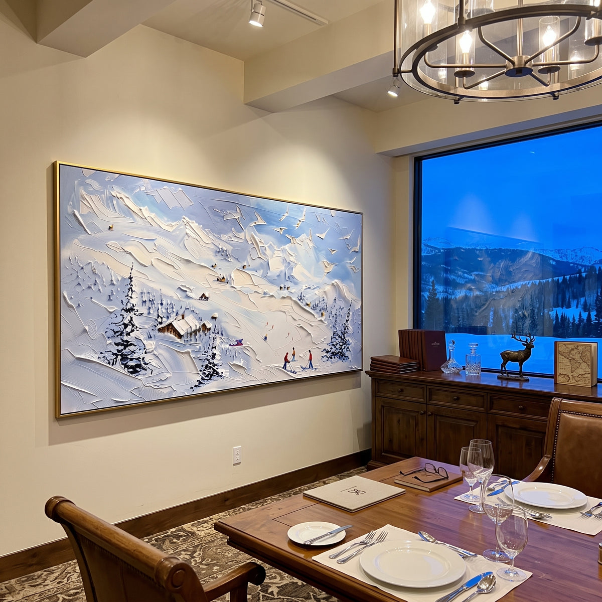 Blue Cliff Ski Lodge focuses on tiny skiers and a small lodge set beneath a raised blue cliff and snowy pines. The artwork shows a winter ski scene built from the actual image: visible downhill figures, curved snow tracks, raised ridgelines, and alpine space arranged in a wide composition. The blue, white, beige palette gives the piece a cold mountain atmosphere while the thick impasto surface creates shadows along each snowbank, ski line, and textured ridge. This is presented as hand-painted