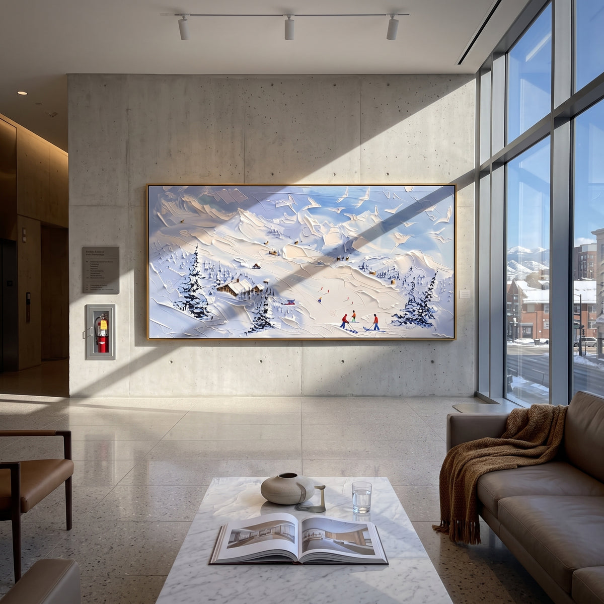 Blue Cliff Ski Lodge focuses on tiny skiers and a small lodge set beneath a raised blue cliff and snowy pines. The artwork shows a winter ski scene built from the actual image: visible downhill figures, curved snow tracks, raised ridgelines, and alpine space arranged in a wide composition. The blue, white, beige palette gives the piece a cold mountain atmosphere while the thick impasto surface creates shadows along each snowbank, ski line, and textured ridge. This is presented as hand-painted