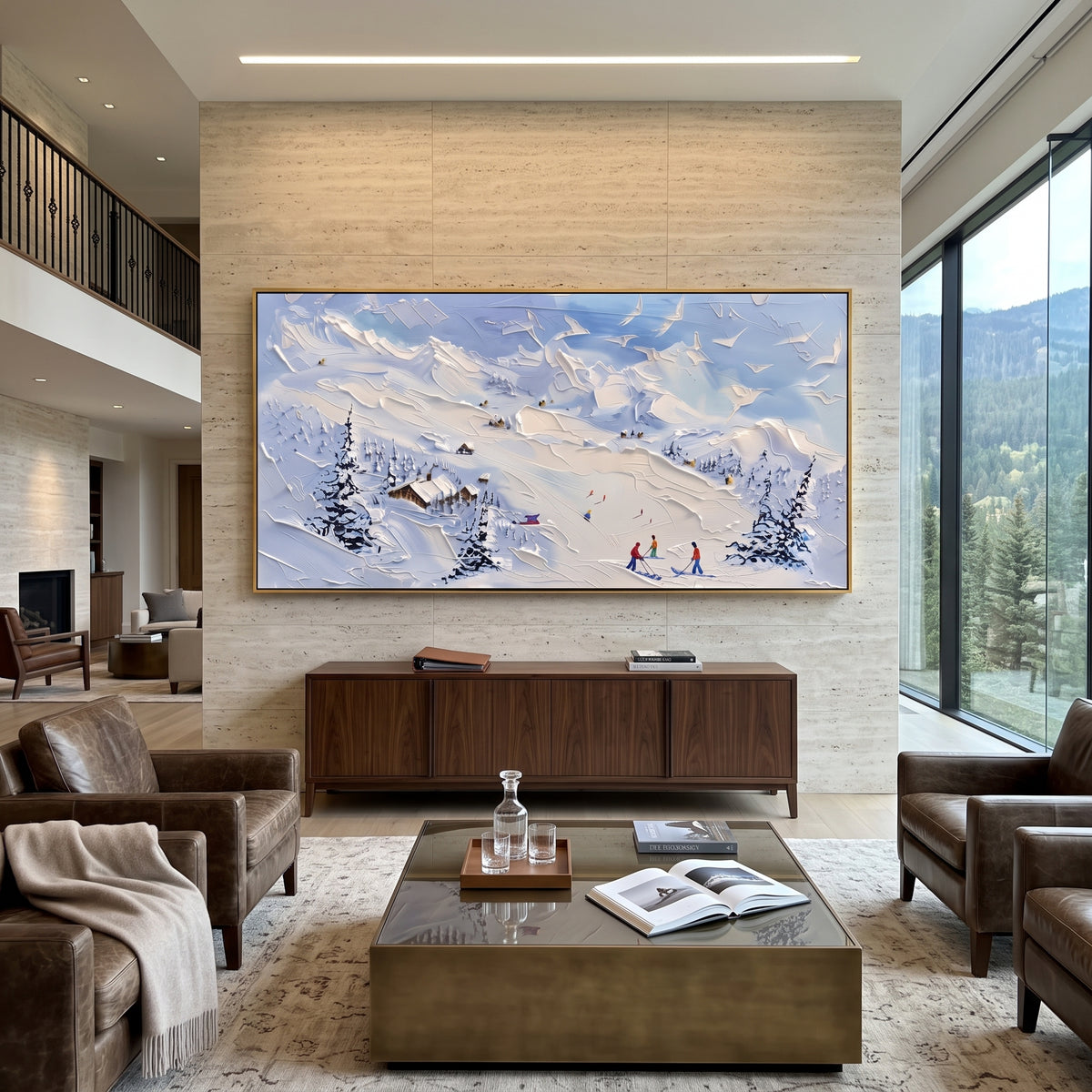 Blue Cliff Ski Lodge focuses on tiny skiers and a small lodge set beneath a raised blue cliff and snowy pines. The artwork shows a winter ski scene built from the actual image: visible downhill figures, curved snow tracks, raised ridgelines, and alpine space arranged in a wide composition. The blue, white, beige palette gives the piece a cold mountain atmosphere while the thick impasto surface creates shadows along each snowbank, ski line, and textured ridge. This is presented as hand-painted