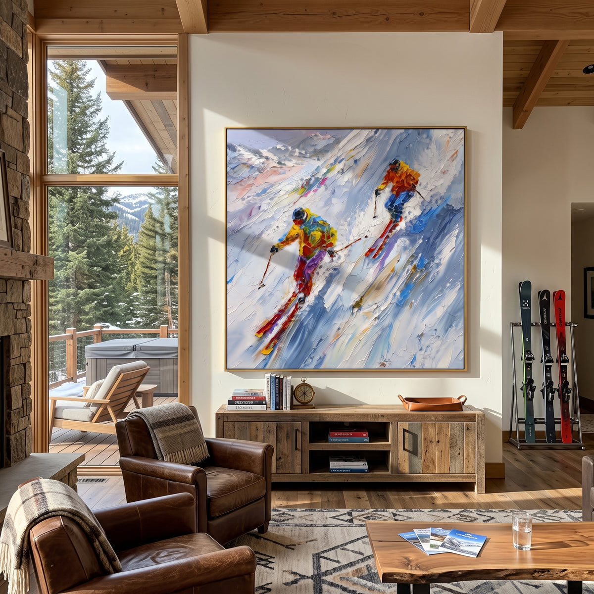Forest Ski Run focuses on layered snow ridges, visible ski marks, and a quiet pine border. The artwork shows a winter ski scene built from the actual image: visible downhill figures, curved snow tracks, raised ridgelines, and alpine space arranged in a balanced composition. The blue, white, orange palette gives the piece a cold mountain atmosphere while the thick impasto surface creates shadows along each snowbank, ski line, and textured ridge. This is presented as hand-painted textured canvas