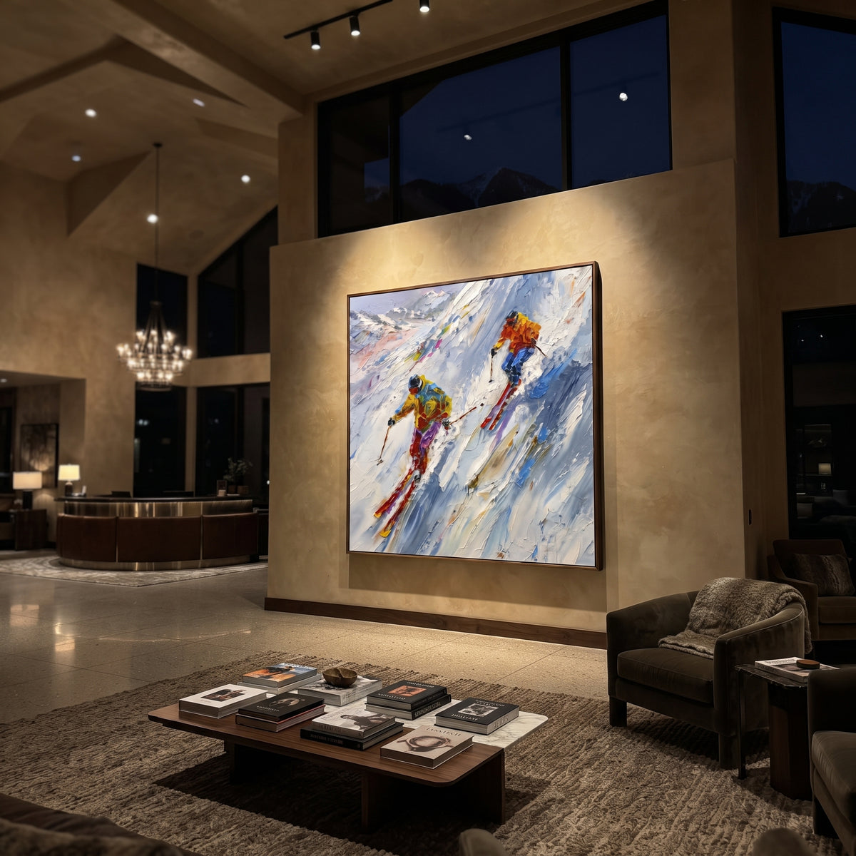 Forest Ski Run focuses on layered snow ridges, visible ski marks, and a quiet pine border. The artwork shows a winter ski scene built from the actual image: visible downhill figures, curved snow tracks, raised ridgelines, and alpine space arranged in a balanced composition. The blue, white, orange palette gives the piece a cold mountain atmosphere while the thick impasto surface creates shadows along each snowbank, ski line, and textured ridge. This is presented as hand-painted textured canvas