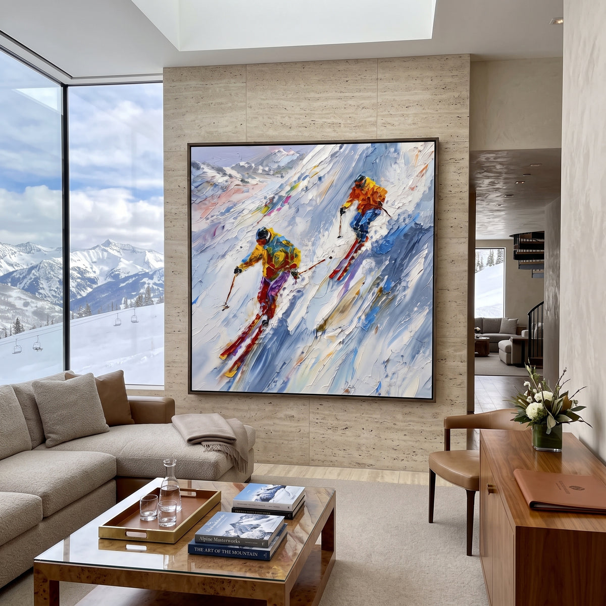 Forest Ski Run focuses on layered snow ridges, visible ski marks, and a quiet pine border. The artwork shows a winter ski scene built from the actual image: visible downhill figures, curved snow tracks, raised ridgelines, and alpine space arranged in a balanced composition. The blue, white, orange palette gives the piece a cold mountain atmosphere while the thick impasto surface creates shadows along each snowbank, ski line, and textured ridge. This is presented as hand-painted textured canvas