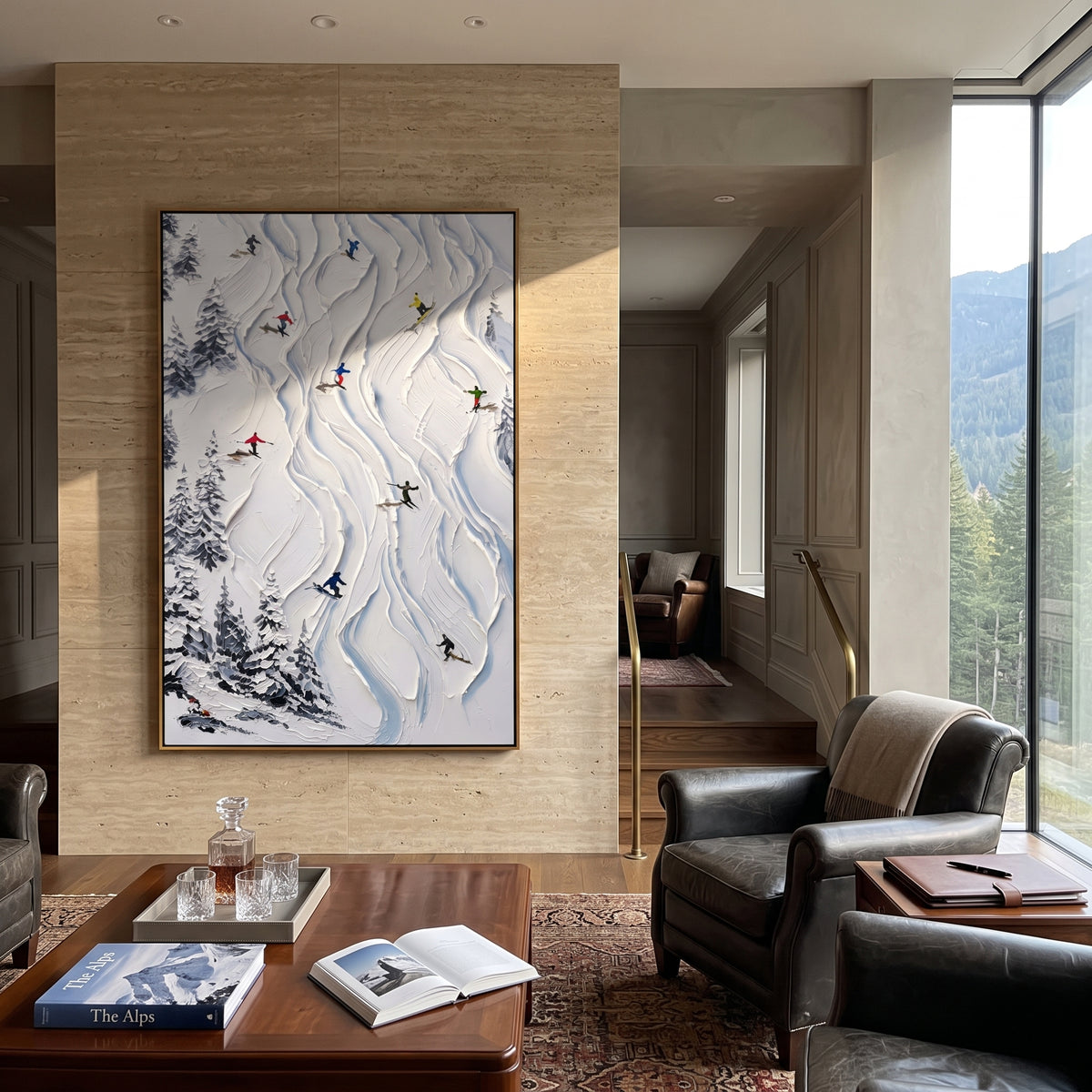 Alpine Pine Slope focuses on distant peaks, white powder banks, and raised palette-knife terrain. The artwork shows a winter ski scene built from the actual image: visible downhill figures, curved snow tracks, raised ridgelines, and alpine space arranged in a tall composition. The blue, white, orange palette gives the piece a cold mountain atmosphere while the thick impasto surface creates shadows along each snowbank, ski line, and textured ridge. This is presented as hand-painted textured