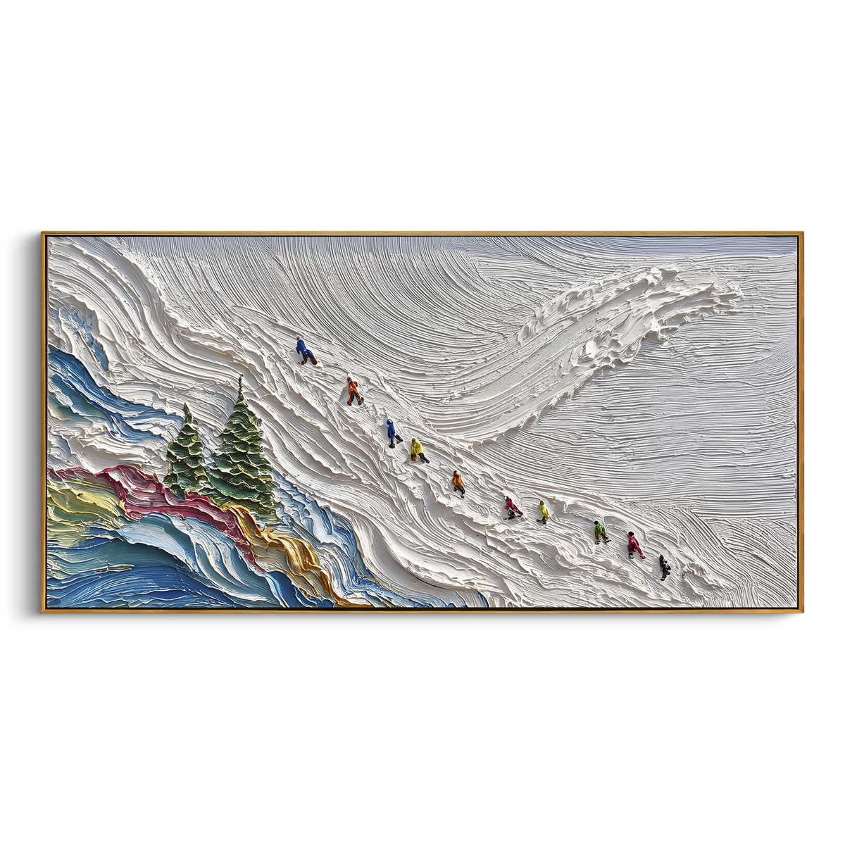 Powder Ski Valley With Pine Shadows focuses on a calm mountain basin with crisp tracks, snow shelves, and small skiers. The artwork shows a winter ski scene built from the actual image: visible downhill figures, curved snow tracks, raised ridgelines, and alpine space arranged in a wide composition. The white, gray, blue palette gives the piece a cold mountain atmosphere while the thick impasto surface creates shadows along each snowbank, ski line, and textured ridge. This is presented as