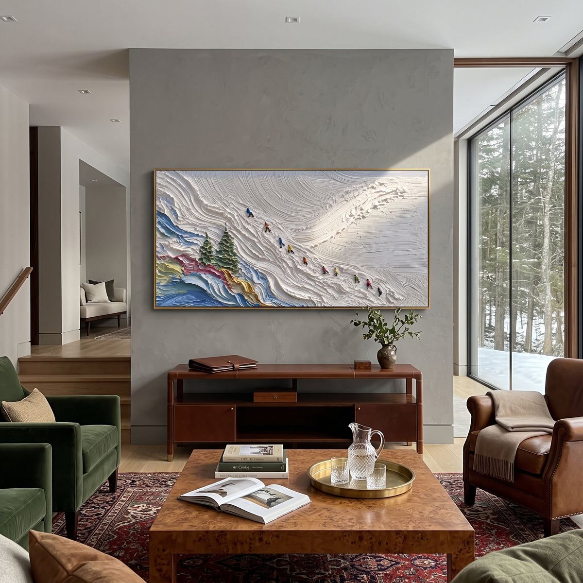 Powder Ski Valley With Pine Shadows focuses on a calm mountain basin with crisp tracks, snow shelves, and small skiers. The artwork shows a winter ski scene built from the actual image: visible downhill figures, curved snow tracks, raised ridgelines, and alpine space arranged in a wide composition. The white, gray, blue palette gives the piece a cold mountain atmosphere while the thick impasto surface creates shadows along each snowbank, ski line, and textured ridge. This is presented as