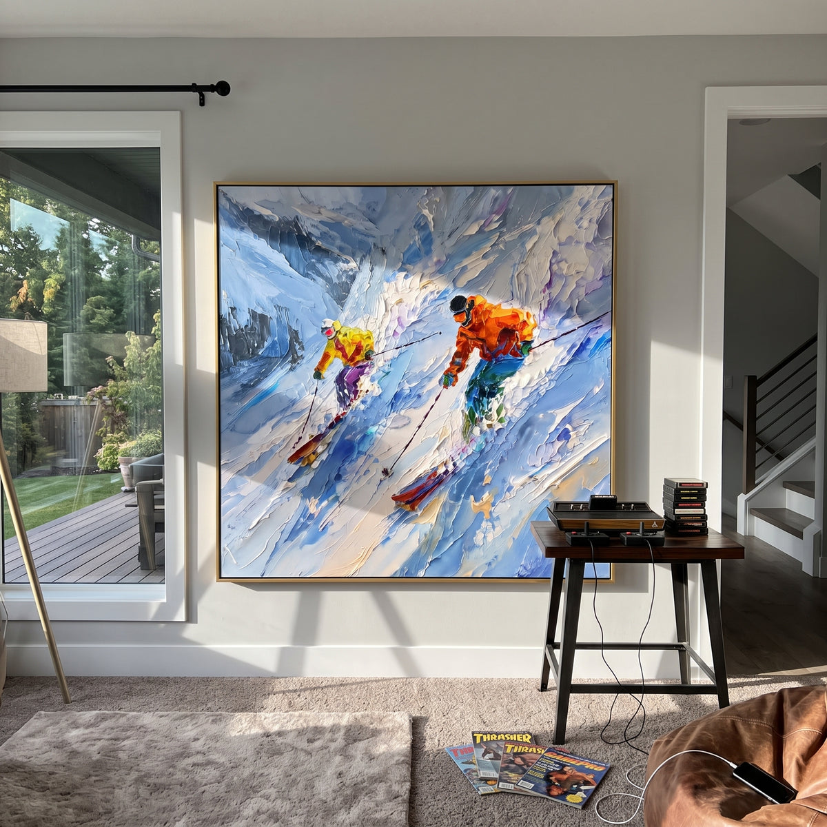Snowfield Skiers With Raised Powder focuses on colored skiers crossing raised white snow tracks between dark pine edges. The artwork shows a winter ski scene built from the actual image: visible downhill figures, curved snow tracks, raised ridgelines, and alpine space arranged in a balanced composition. The white, green, blue palette gives the piece a cold mountain atmosphere while the thick impasto surface creates shadows along each snowbank, ski line, and textured ridge. This is presented as