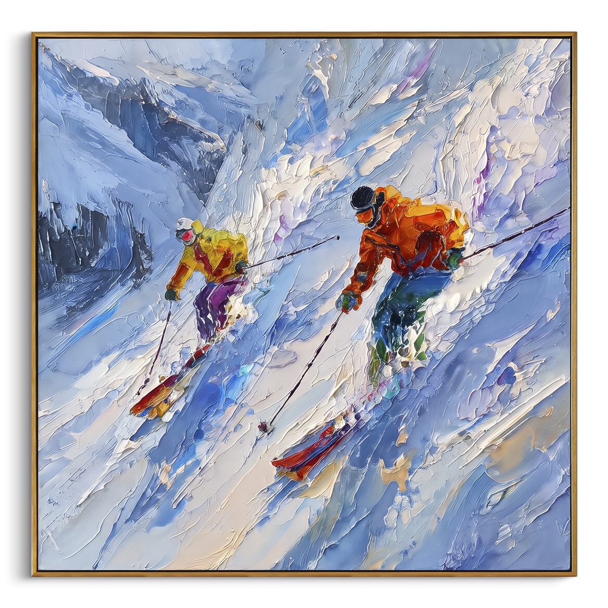 Snowfield Skiers With Raised Powder focuses on colored skiers crossing raised white snow tracks between dark pine edges. The artwork shows a winter ski scene built from the actual image: visible downhill figures, curved snow tracks, raised ridgelines, and alpine space arranged in a balanced composition. The white, green, blue palette gives the piece a cold mountain atmosphere while the thick impasto surface creates shadows along each snowbank, ski line, and textured ridge. This is presented as