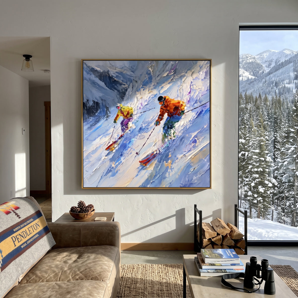 Snowfield Skiers With Raised Powder focuses on colored skiers crossing raised white snow tracks between dark pine edges. The artwork shows a winter ski scene built from the actual image: visible downhill figures, curved snow tracks, raised ridgelines, and alpine space arranged in a balanced composition. The white, green, blue palette gives the piece a cold mountain atmosphere while the thick impasto surface creates shadows along each snowbank, ski line, and textured ridge. This is presented as