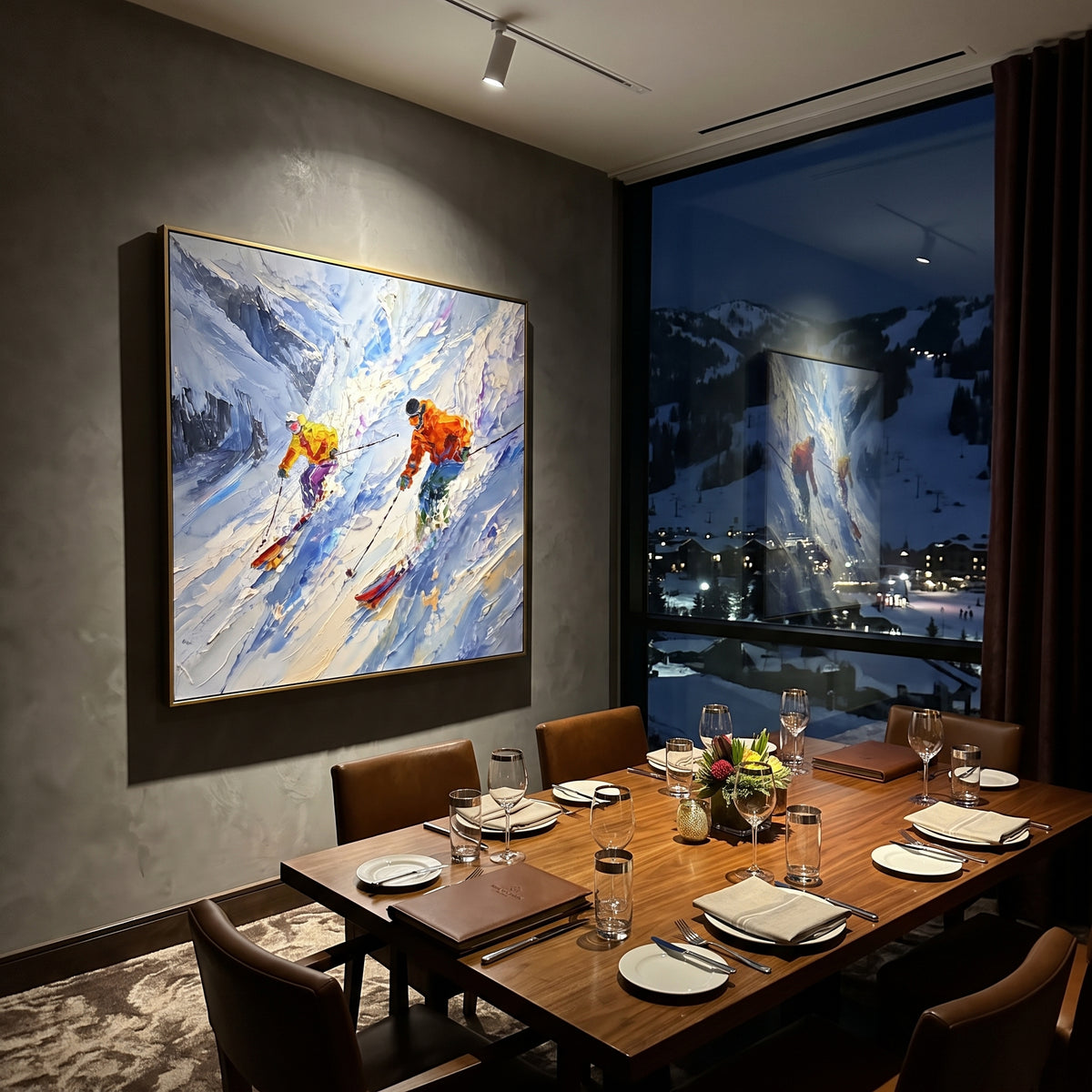 Snowfield Skiers With Raised Powder focuses on colored skiers crossing raised white snow tracks between dark pine edges. The artwork shows a winter ski scene built from the actual image: visible downhill figures, curved snow tracks, raised ridgelines, and alpine space arranged in a balanced composition. The white, green, blue palette gives the piece a cold mountain atmosphere while the thick impasto surface creates shadows along each snowbank, ski line, and textured ridge. This is presented as