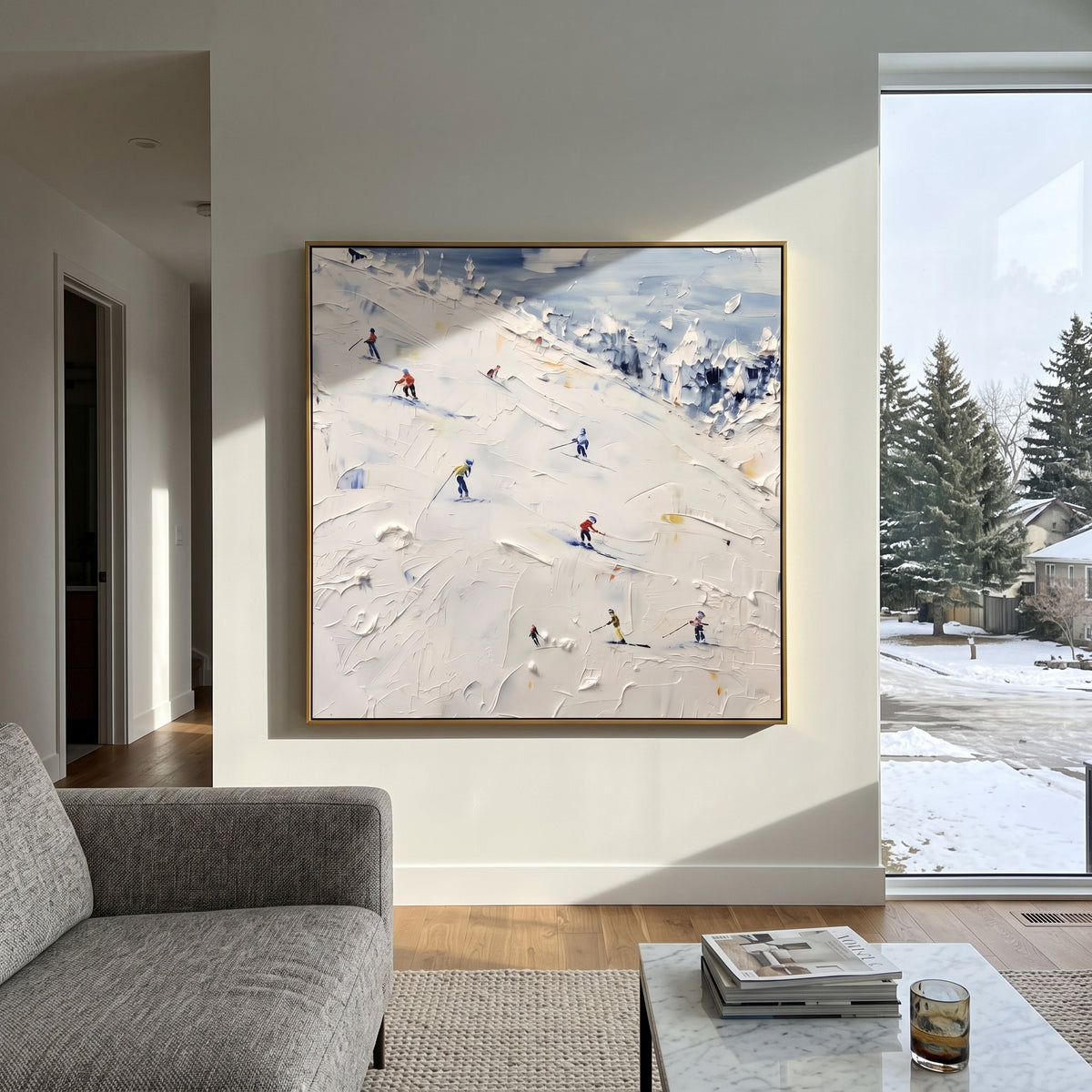 Frosted Pine Slope focuses on layered snow ridges, visible ski marks, and a quiet pine border. The artwork shows a winter ski scene built from the actual image: visible downhill figures, curved snow tracks, raised ridgelines, and alpine space arranged in a balanced composition. The white, black, gray palette gives the piece a cold mountain atmosphere while the thick impasto surface creates shadows along each snowbank, ski line, and textured ridge. This is presented as hand-painted textured