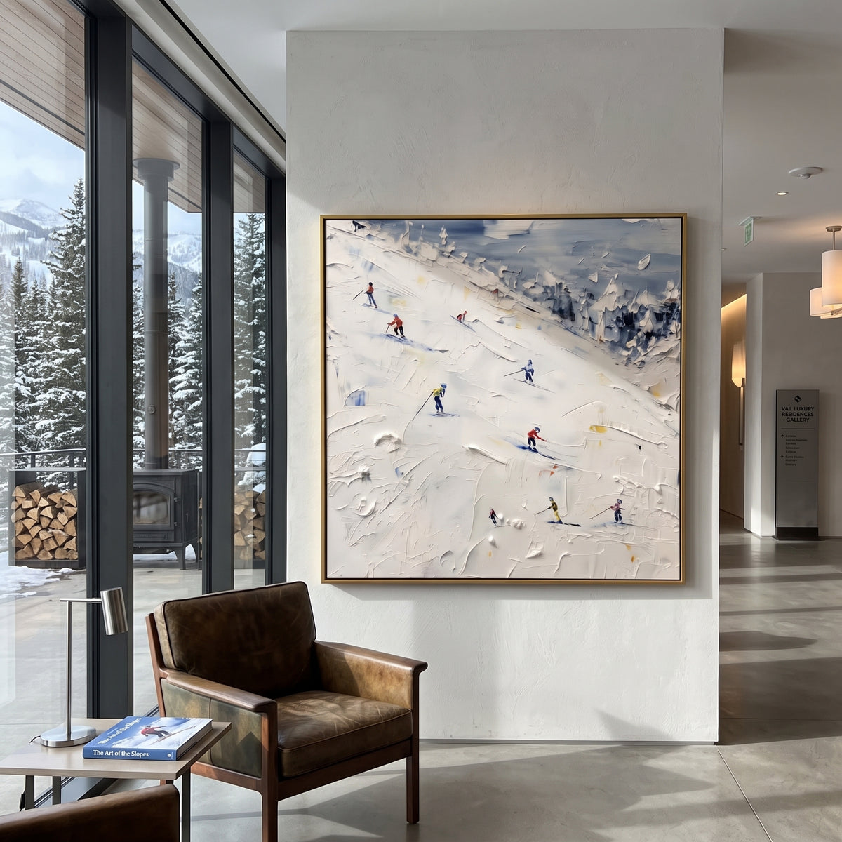 Frosted Pine Slope focuses on layered snow ridges, visible ski marks, and a quiet pine border. The artwork shows a winter ski scene built from the actual image: visible downhill figures, curved snow tracks, raised ridgelines, and alpine space arranged in a balanced composition. The white, black, gray palette gives the piece a cold mountain atmosphere while the thick impasto surface creates shadows along each snowbank, ski line, and textured ridge. This is presented as hand-painted textured