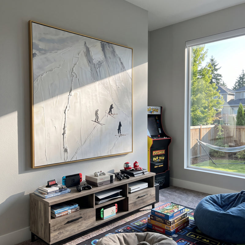 "White Peak Three Skiers" - Modern Heavy Impasto Landscape Artwork | White & Gray Palette Knife Painting | Luxury Square Wall Art #PT 2500