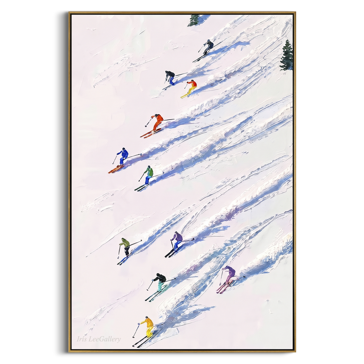 Pine Texture Run With Pine Shadows focuses on a calm mountain basin with crisp tracks, snow shelves, and small skiers. The artwork shows a winter ski scene built from the actual image: visible downhill figures, curved snow tracks, raised ridgelines, and alpine space arranged in a tall composition. The blue, white, orange palette gives the piece a cold mountain atmosphere while the thick impasto surface creates shadows along each snowbank, ski line, and textured ridge. This is presented as