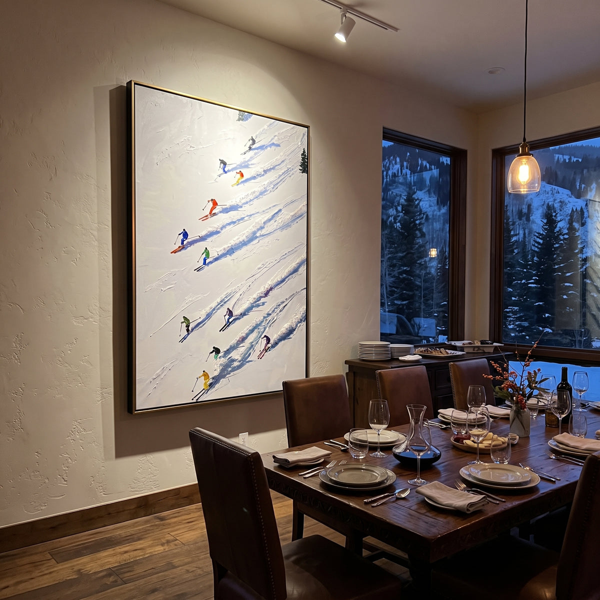 Pine Texture Run With Pine Shadows focuses on a calm mountain basin with crisp tracks, snow shelves, and small skiers. The artwork shows a winter ski scene built from the actual image: visible downhill figures, curved snow tracks, raised ridgelines, and alpine space arranged in a tall composition. The blue, white, orange palette gives the piece a cold mountain atmosphere while the thick impasto surface creates shadows along each snowbank, ski line, and textured ridge. This is presented as
