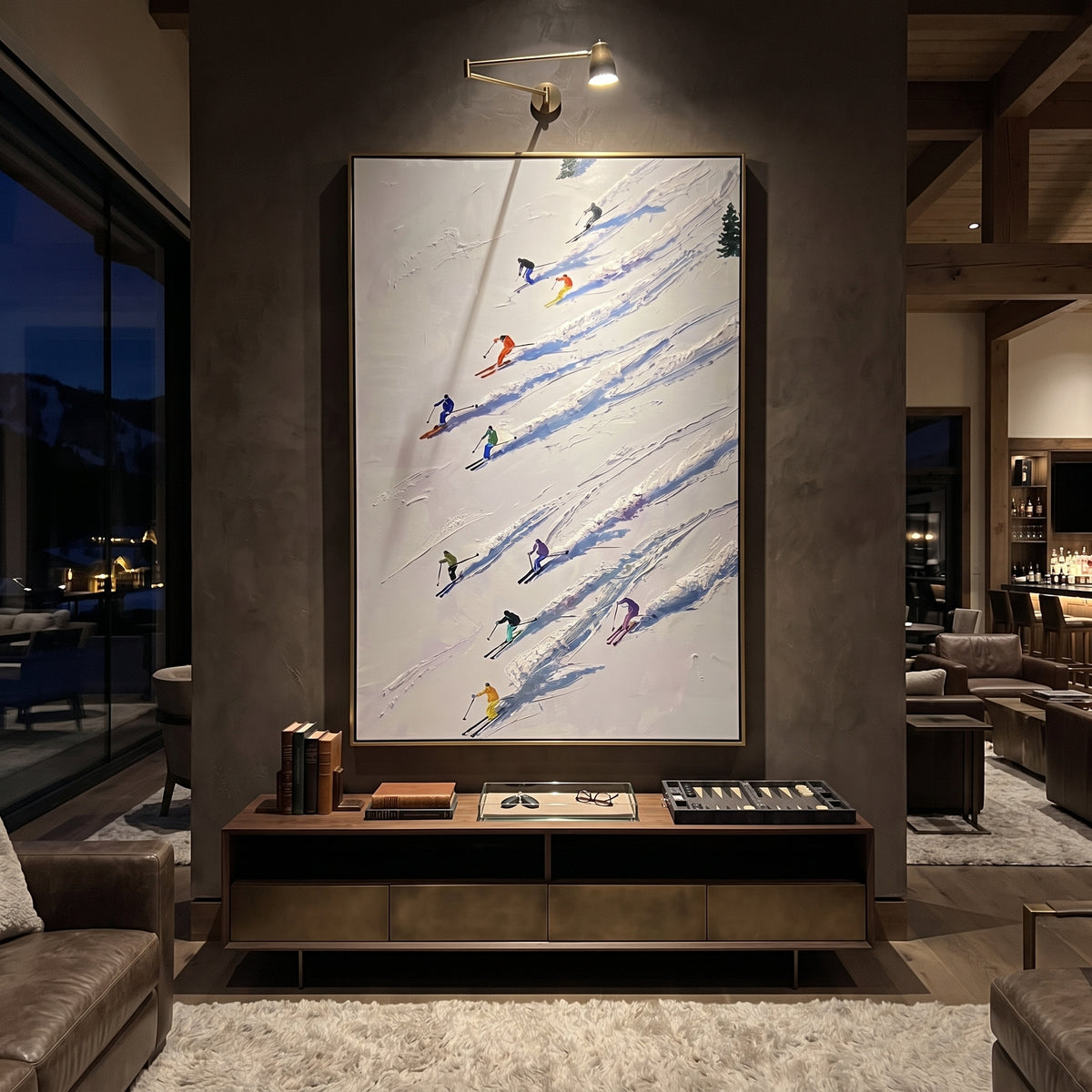 Pine Texture Run With Pine Shadows focuses on a calm mountain basin with crisp tracks, snow shelves, and small skiers. The artwork shows a winter ski scene built from the actual image: visible downhill figures, curved snow tracks, raised ridgelines, and alpine space arranged in a tall composition. The blue, white, orange palette gives the piece a cold mountain atmosphere while the thick impasto surface creates shadows along each snowbank, ski line, and textured ridge. This is presented as