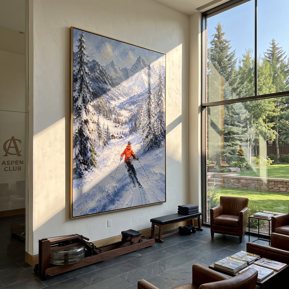 Orange Jacket Forest Descent focuses on an orange jacket skier moving down a pine valley toward distant sharp peaks. The artwork shows a winter ski scene built from the actual image: visible downhill figures, curved snow tracks, raised ridgelines, and alpine space arranged in a tall composition. The orange, blue, white palette gives the piece a cold mountain atmosphere while the thick impasto surface creates shadows along each snowbank, ski line, and textured ridge. This is presented as
