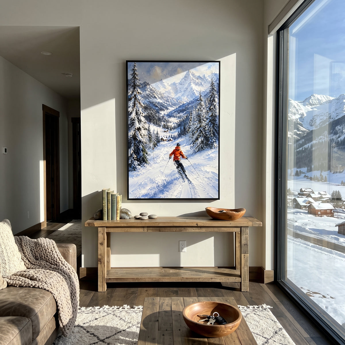 Orange Jacket Forest Descent focuses on an orange jacket skier moving down a pine valley toward distant sharp peaks. The artwork shows a winter ski scene built from the actual image: visible downhill figures, curved snow tracks, raised ridgelines, and alpine space arranged in a tall composition. The orange, blue, white palette gives the piece a cold mountain atmosphere while the thick impasto surface creates shadows along each snowbank, ski line, and textured ridge. This is presented as