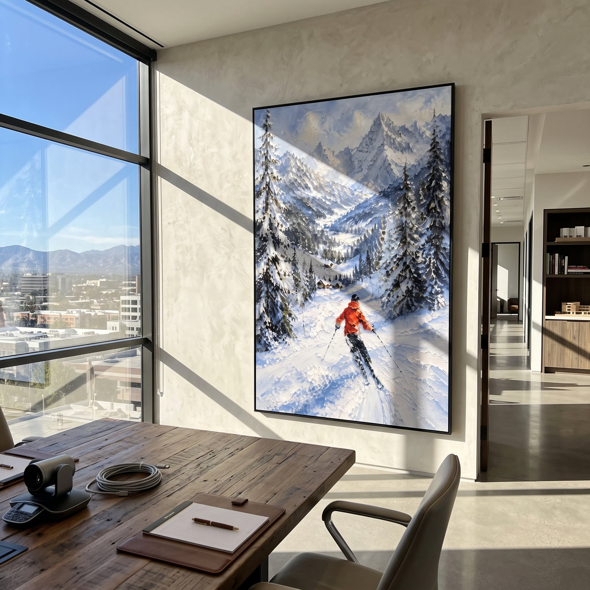 Orange Jacket Forest Descent focuses on an orange jacket skier moving down a pine valley toward distant sharp peaks. The artwork shows a winter ski scene built from the actual image: visible downhill figures, curved snow tracks, raised ridgelines, and alpine space arranged in a tall composition. The orange, blue, white palette gives the piece a cold mountain atmosphere while the thick impasto surface creates shadows along each snowbank, ski line, and textured ridge. This is presented as