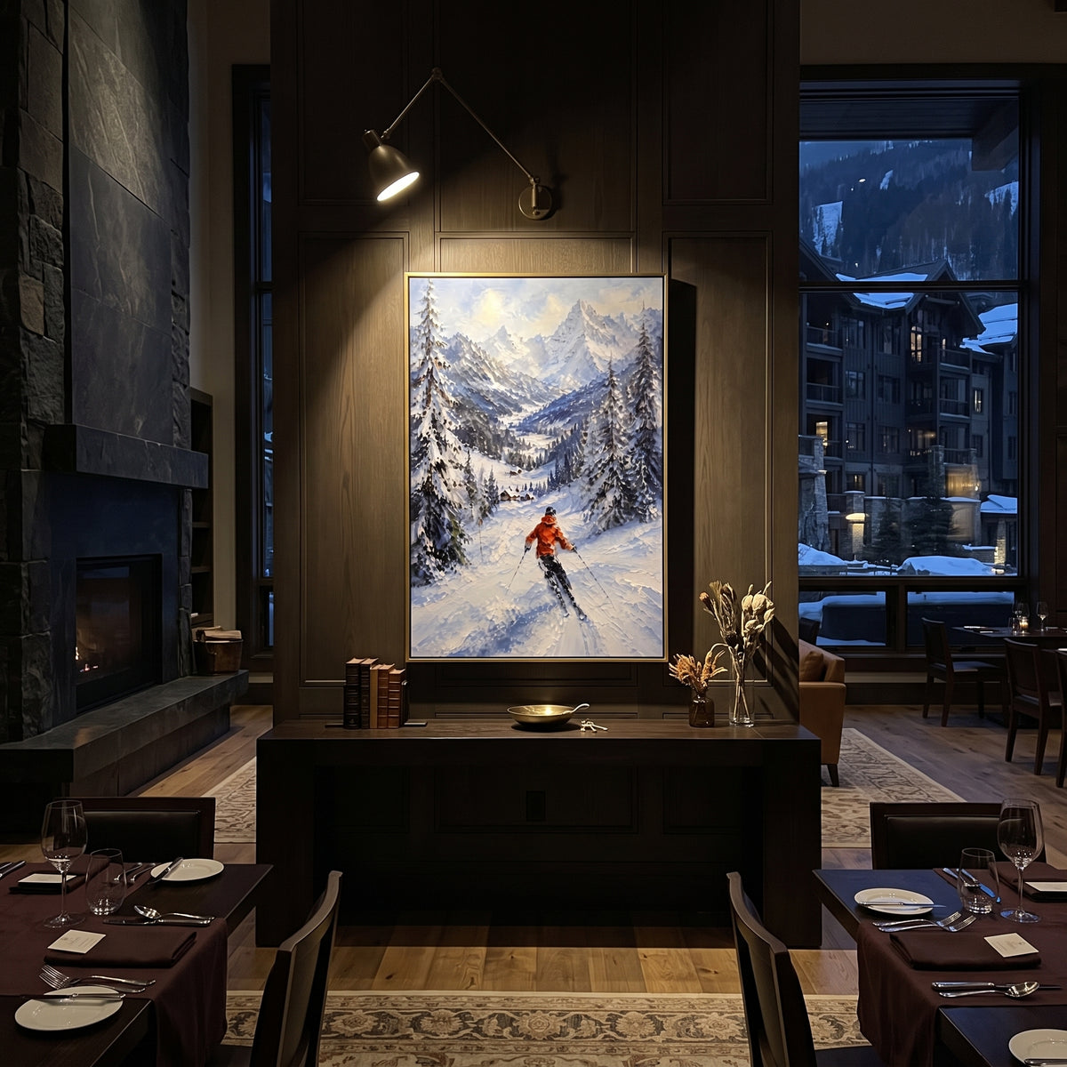 Orange Jacket Forest Descent focuses on an orange jacket skier moving down a pine valley toward distant sharp peaks. The artwork shows a winter ski scene built from the actual image: visible downhill figures, curved snow tracks, raised ridgelines, and alpine space arranged in a tall composition. The orange, blue, white palette gives the piece a cold mountain atmosphere while the thick impasto surface creates shadows along each snowbank, ski line, and textured ridge. This is presented as
